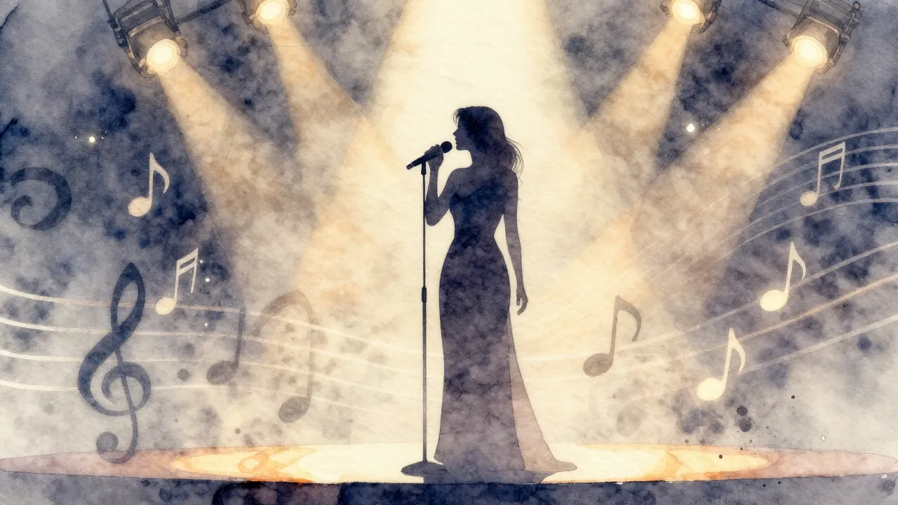 Watercolor style. A cozy silhouette of a woman singing on a ...