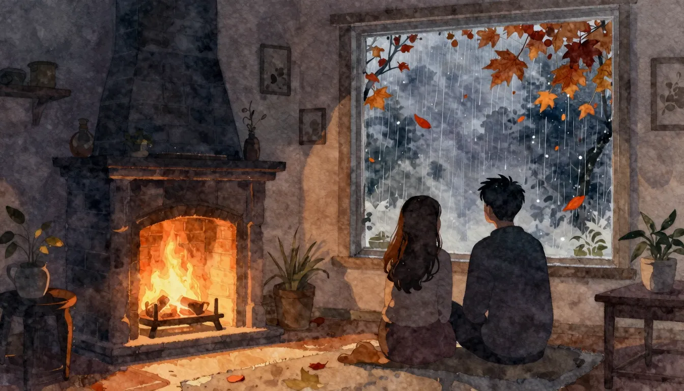 Watercolor style. A cozy room with a glowing fireplace, silh...