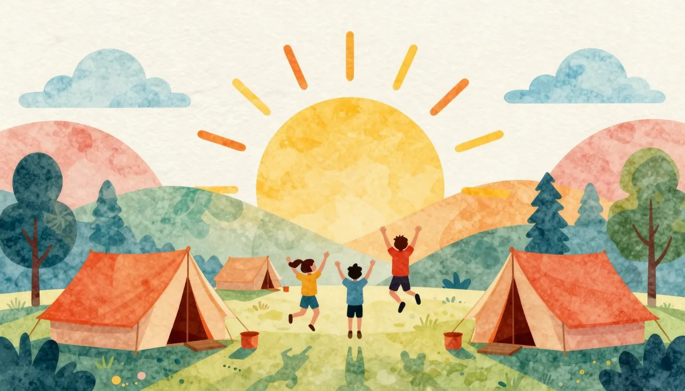 Watercolor style. Bright sun rising over a summer camp, colo...