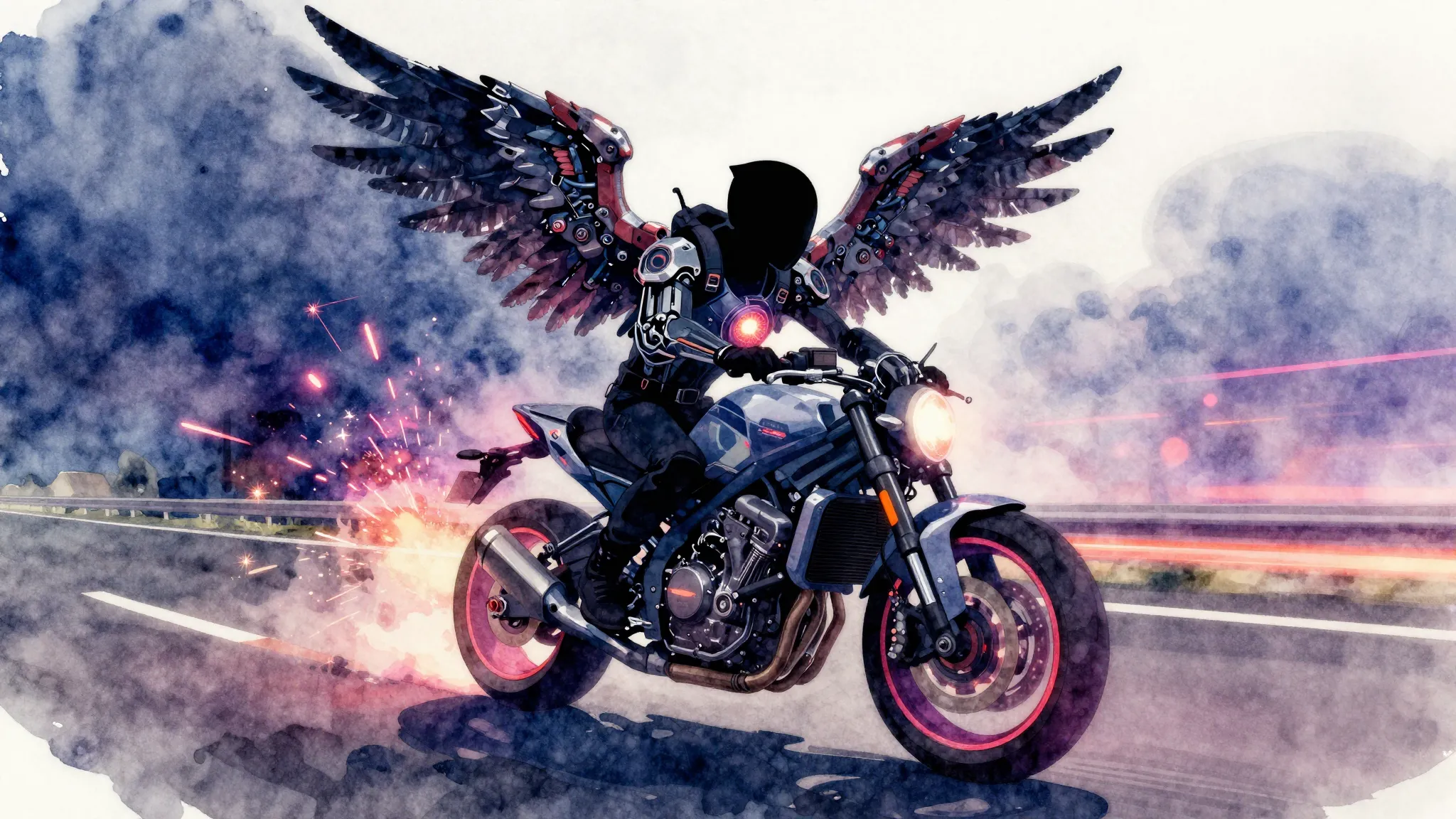 Vibrant watercolor style. Cyberpunk biker silhouette with me...