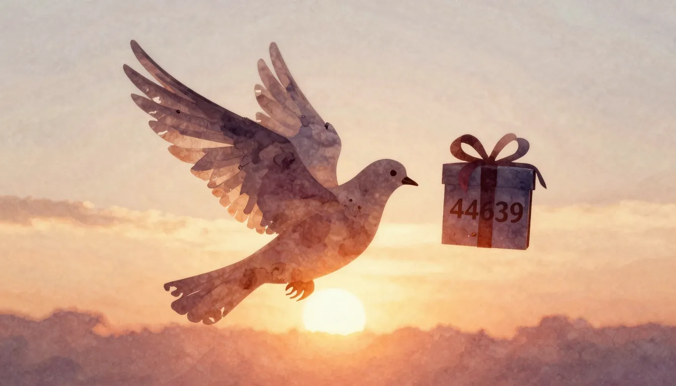 Watercolor style. Silhouette of a flying dove carrying a gif...