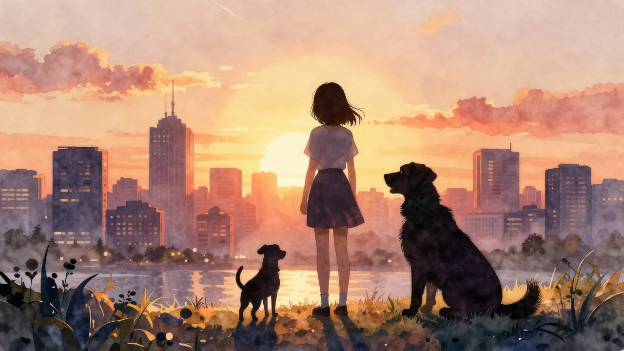 Watercolor style. Silhouette of a girl with two dogs, a smal...