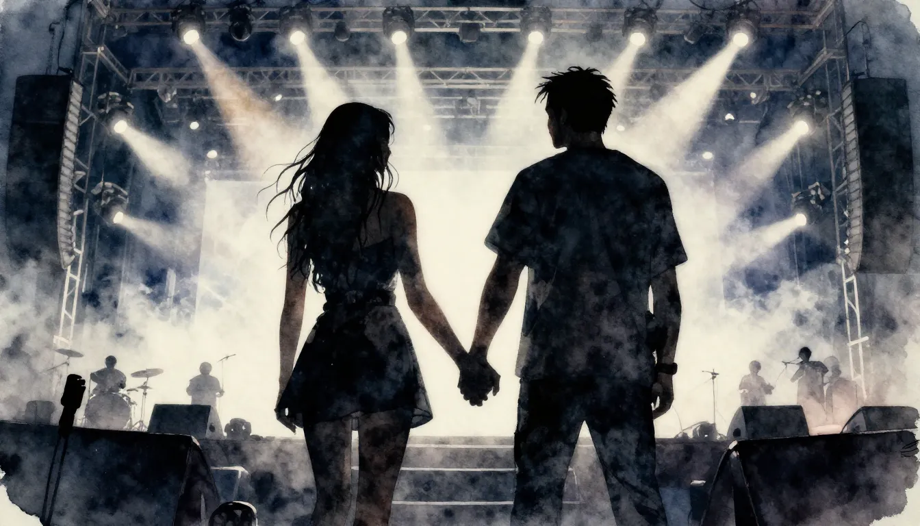 Watercolor style. A dark silhouette of a couple holding hand...