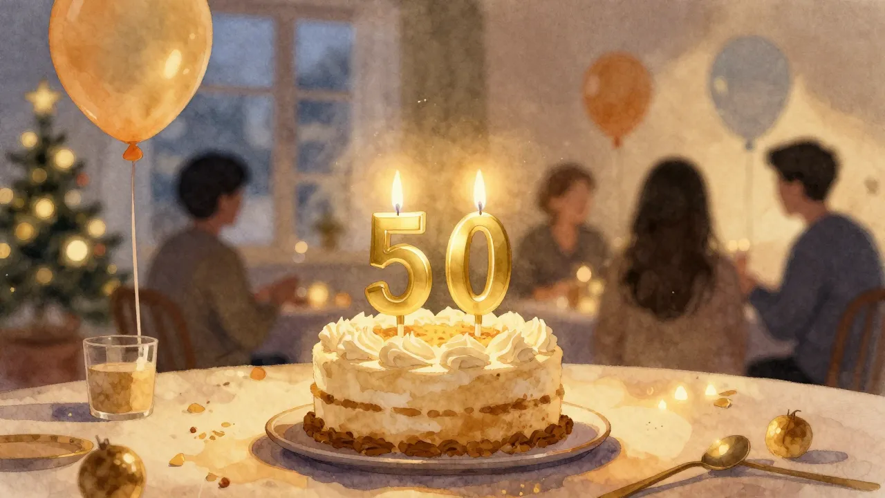 Watercolor style. Cozy festive room, birthday cake on a tabl...