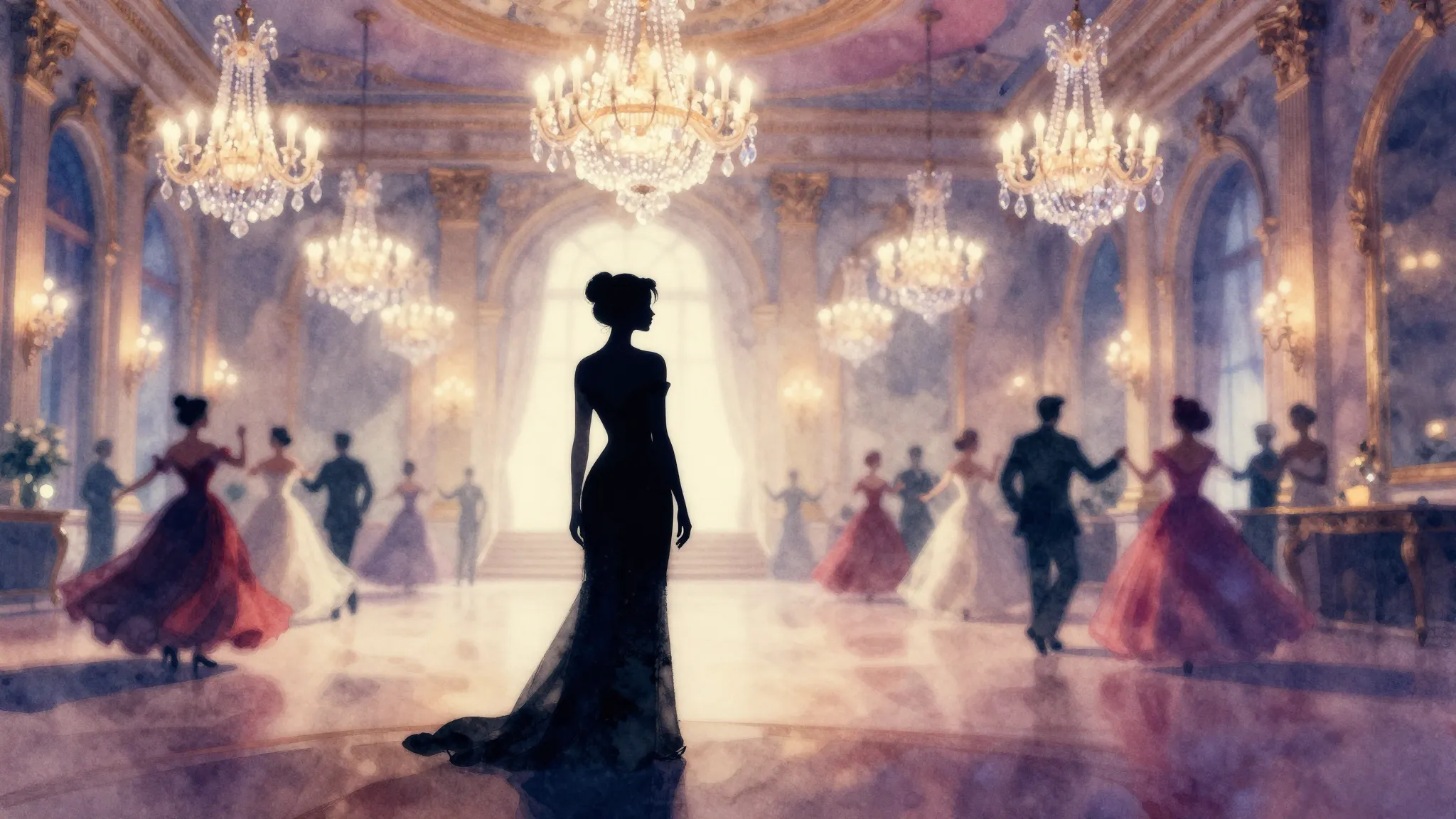 Vibrant watercolor style. A lonely silhouette of a woman sta...