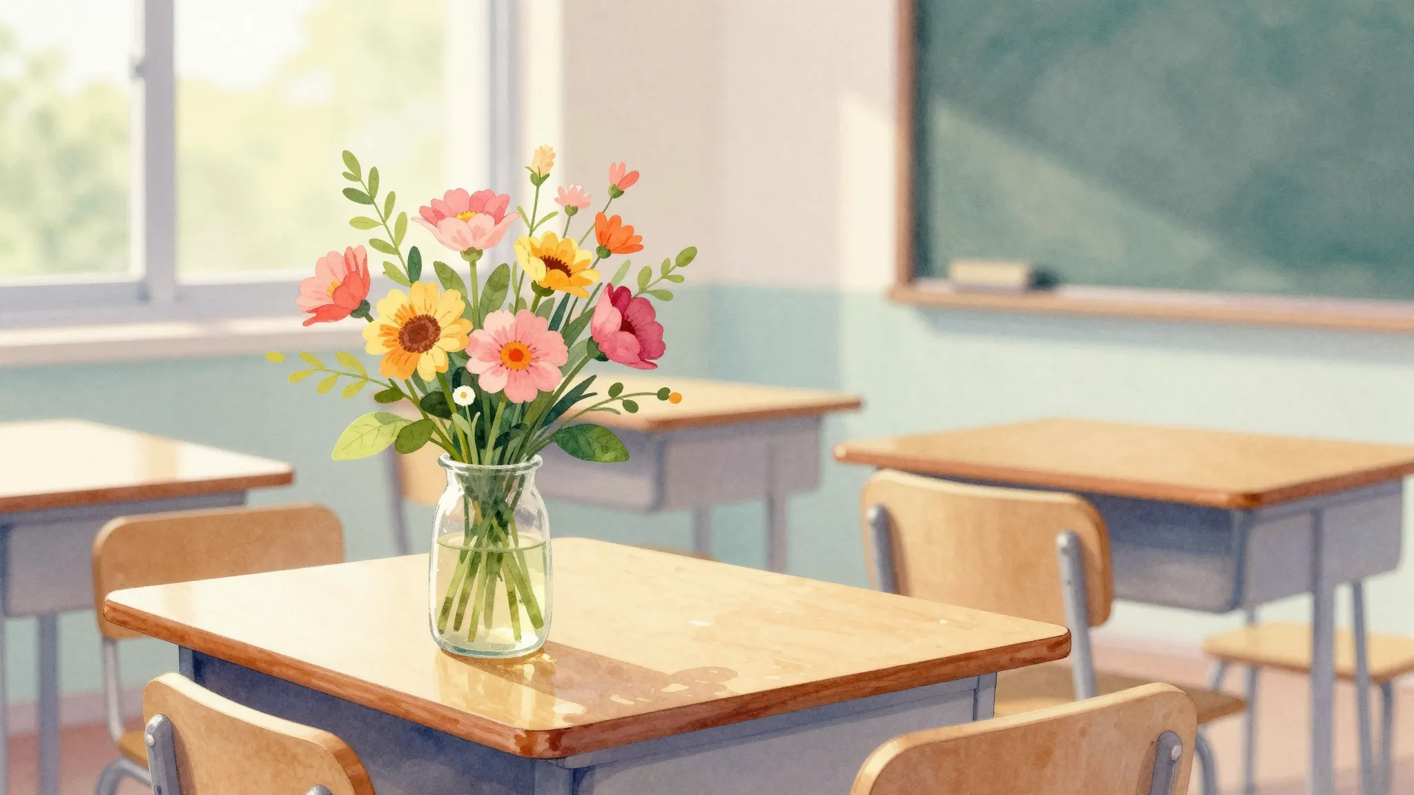Vibrant watercolor style. A cozy classroom scene with a bouq...