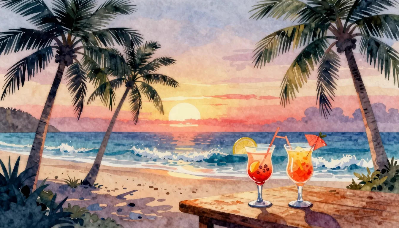 Watercolor style. Silhouettes of palm trees and a sandy beac...
