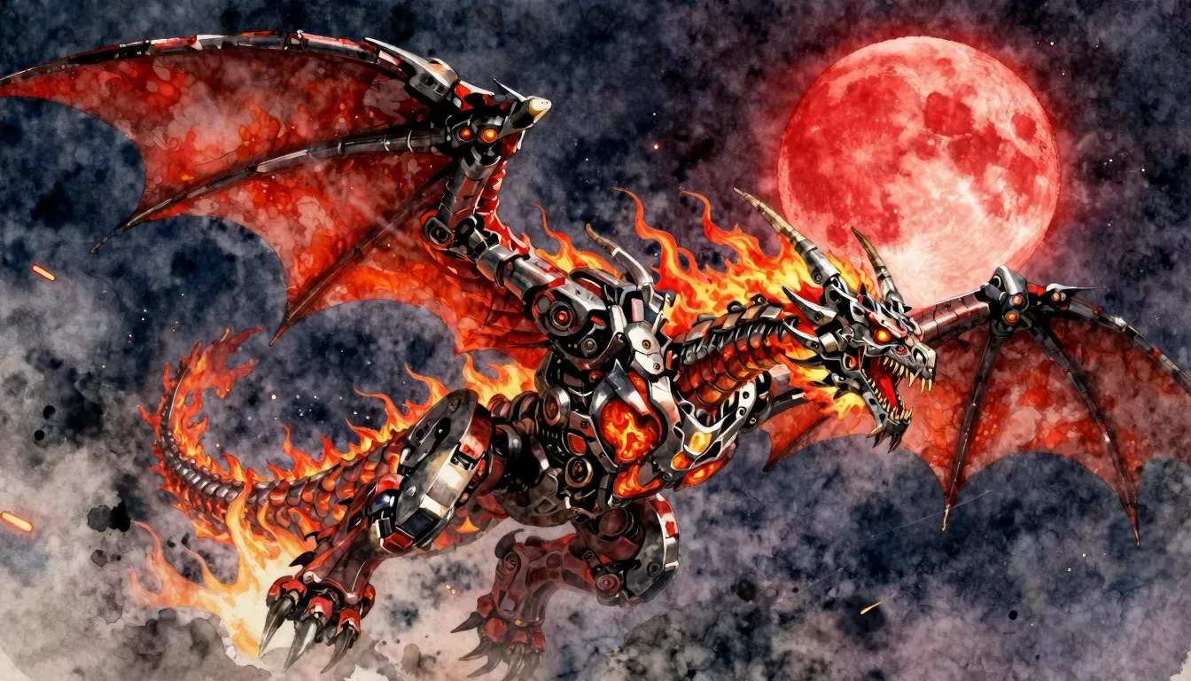 Vibrant watercolor style. A massive mechanical fire dragon w...