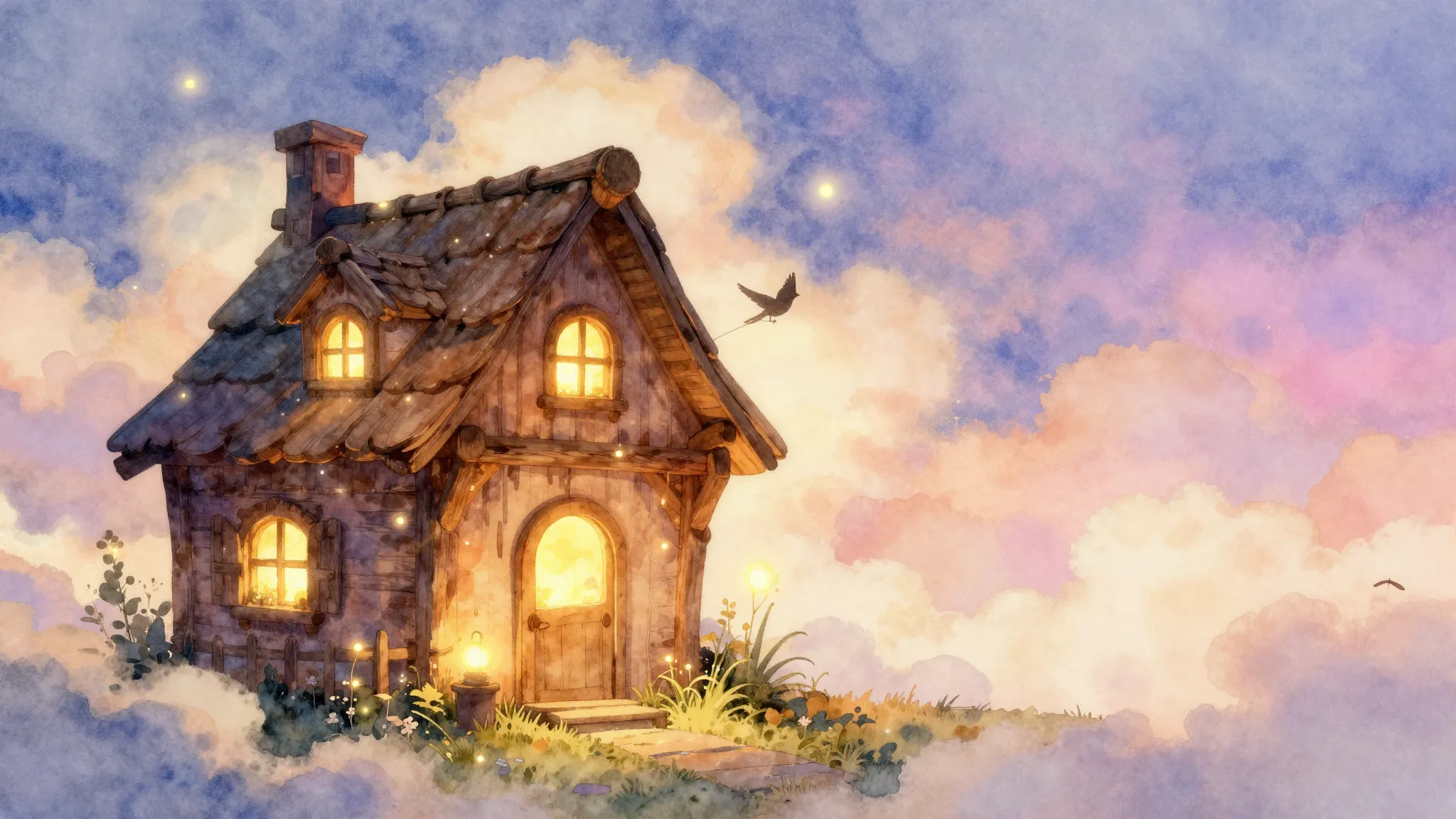 Watercolor style. A cozy fairy-tale wooden house surrounded ...