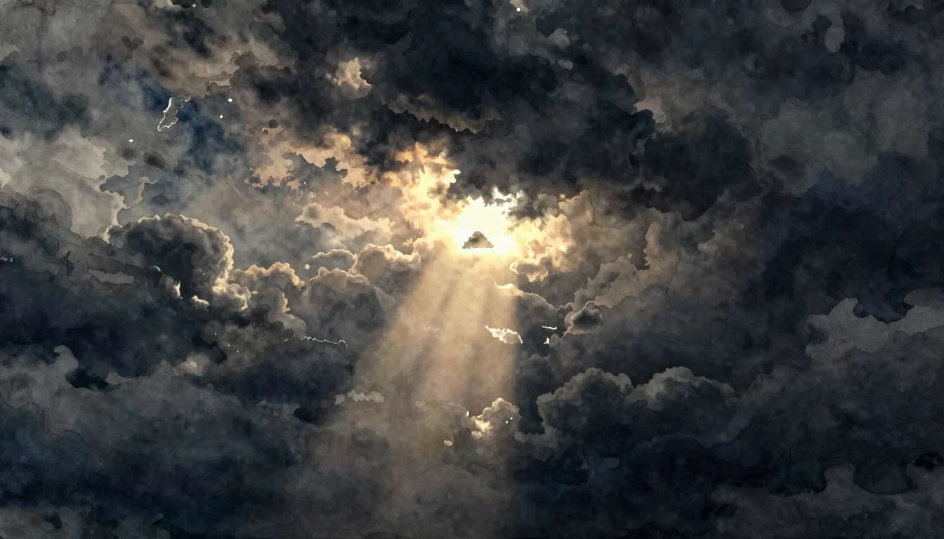 Watercolor style. A dark stormy sky with heavy clouds, a sma...