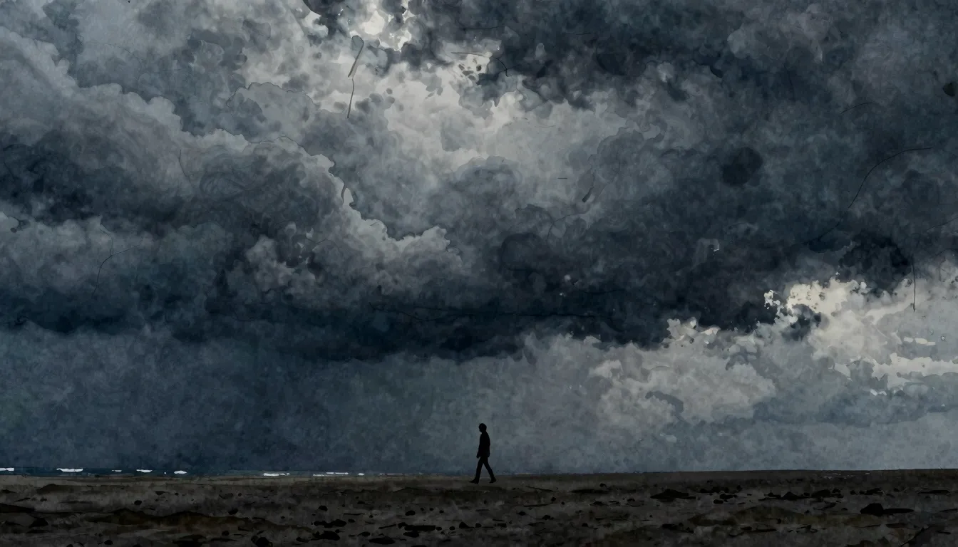 Watercolor style. Dark surreal landscape, heavy clouds, a da...