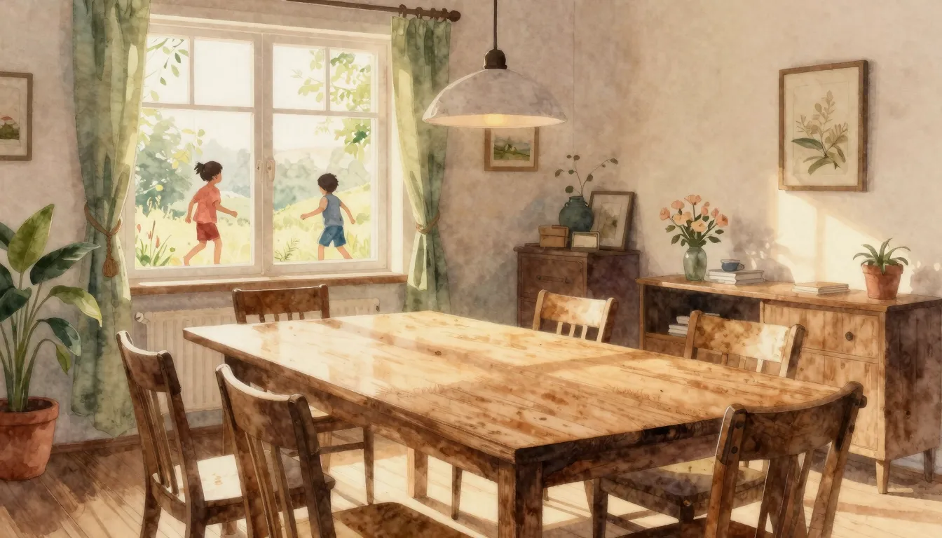 Watercolor style. A cozy room with a large empty dining tabl...