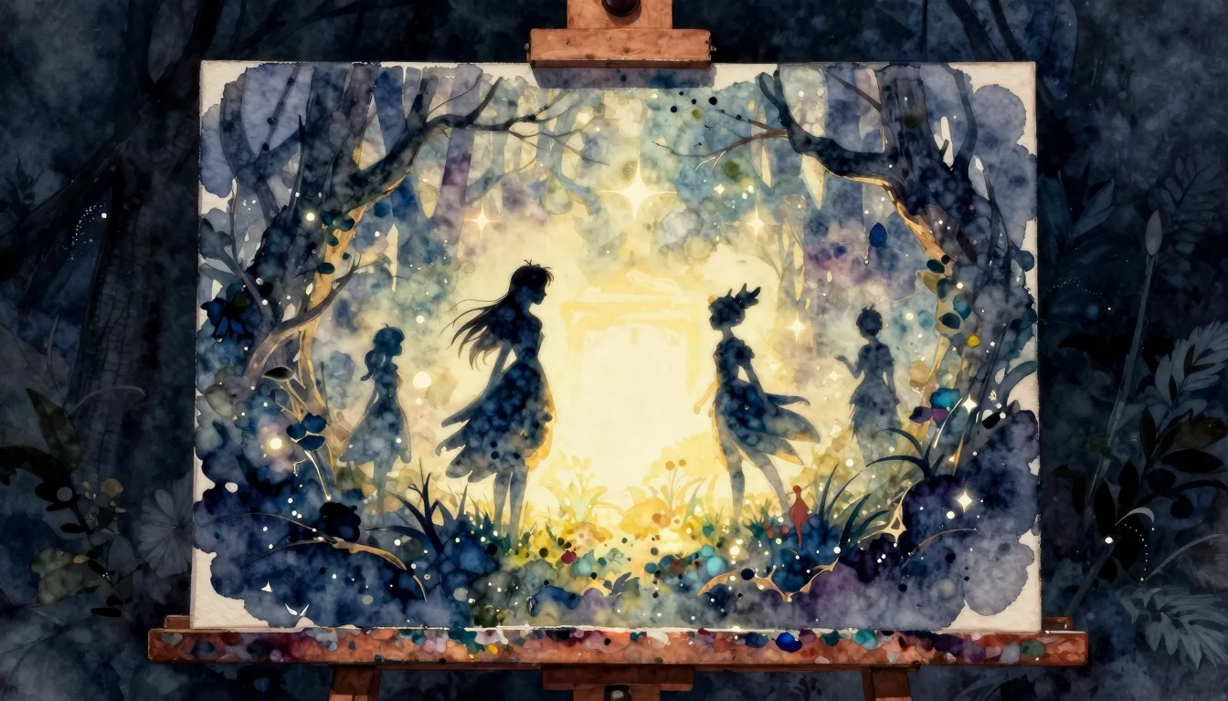 Watercolor style. A magical glowing canvas on an easel, silh...