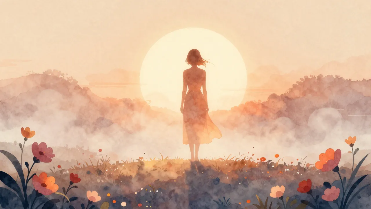 Watercolor style. A glowing silhouette of a woman standing o...