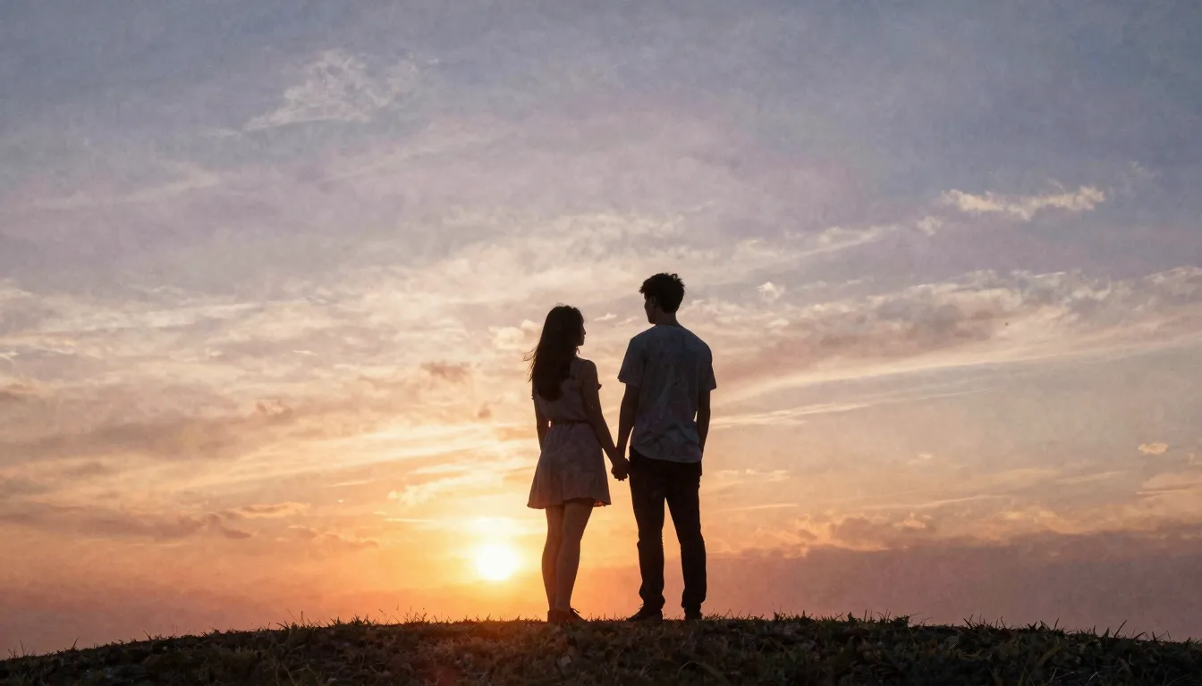 Watercolor style. A silhouette of a couple standing on a hil...