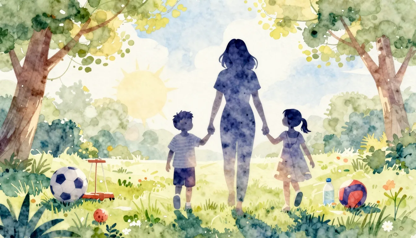 Watercolor style. Silhouette of a happy mother with two chil...