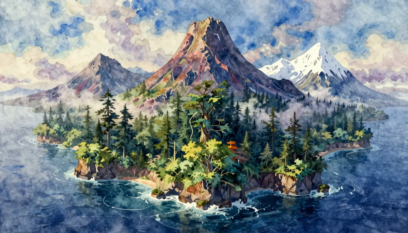 Vibrant watercolor style. A cinematic landscape of a mystica...