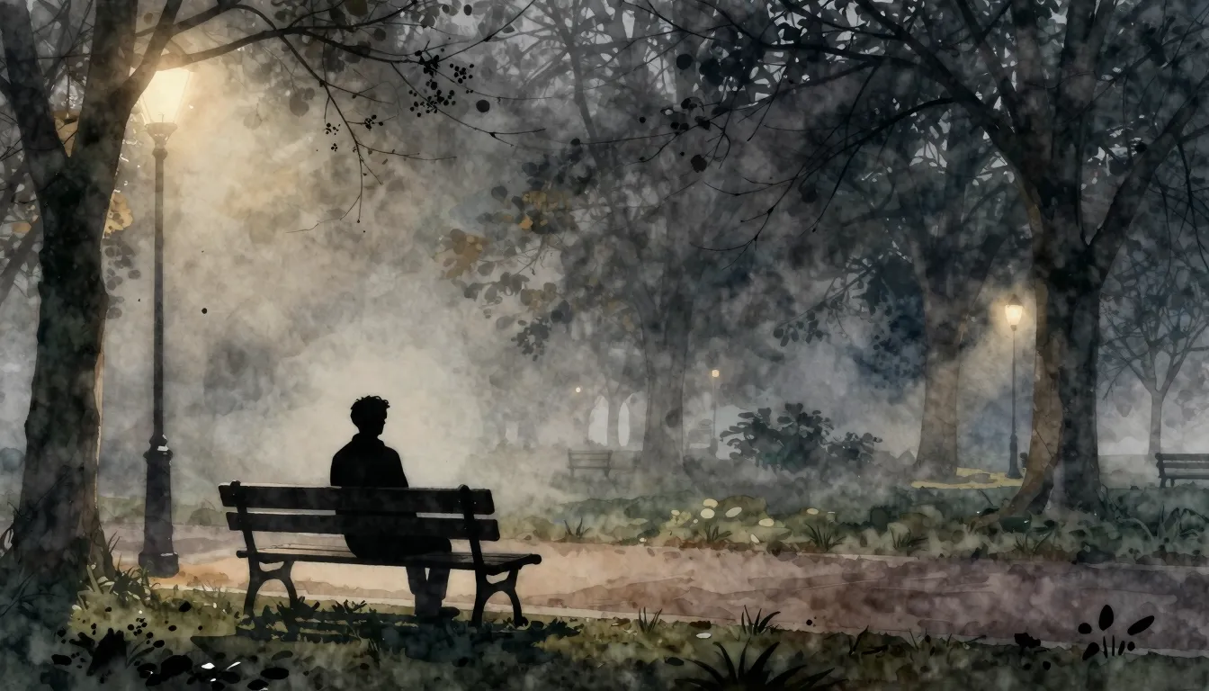 Watercolor style. A lonely silhouette sitting on a bench in ...