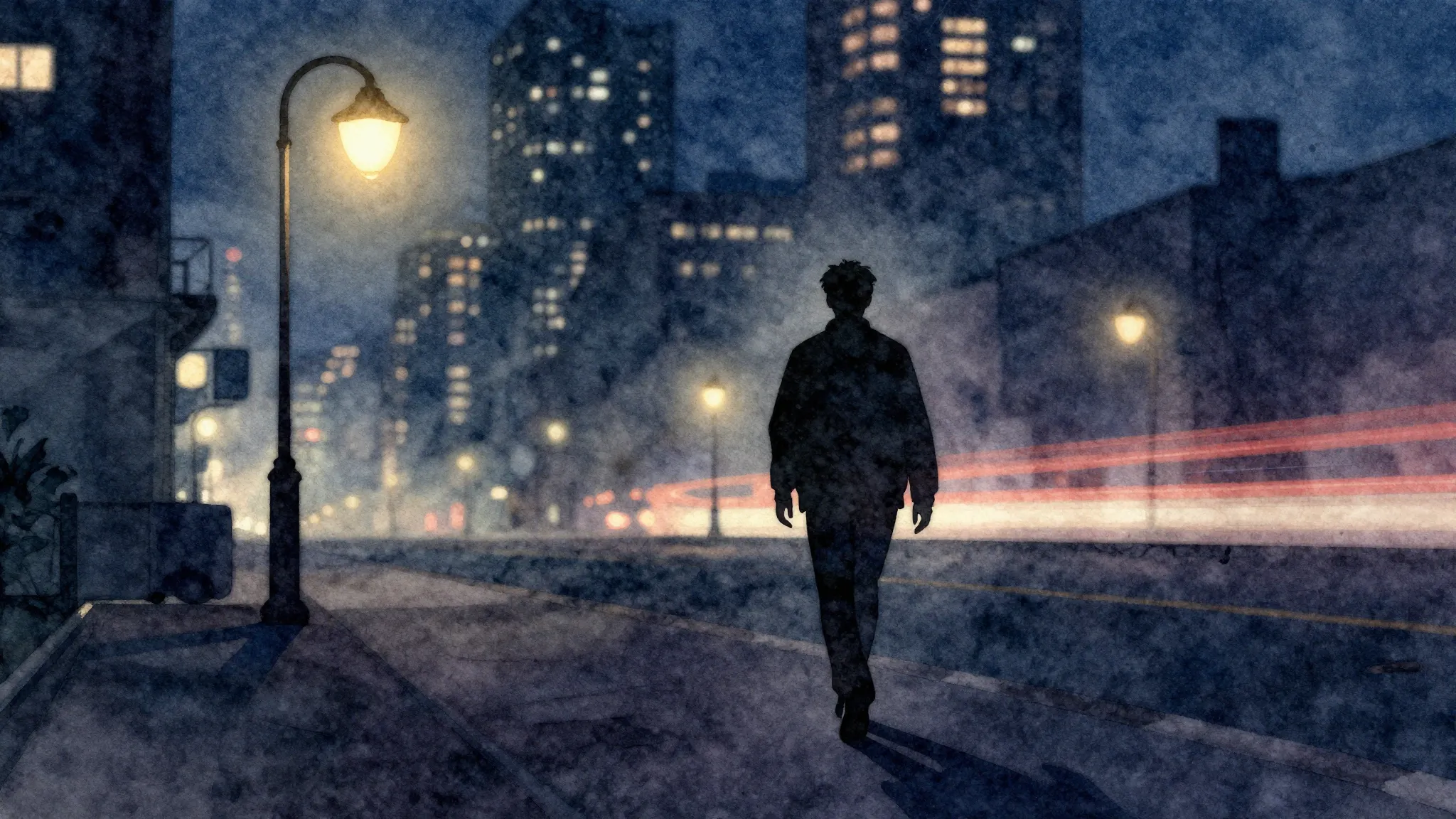 Watercolor style. Silhouette of a person walking in a dark n...