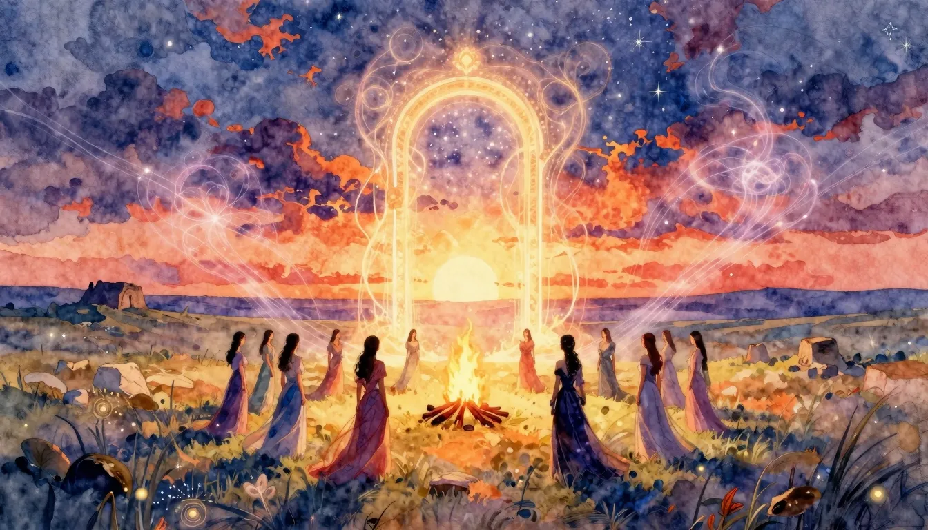 Vibrant watercolor style. A mystical landscape featuring a g...