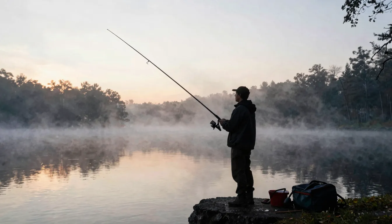 Watercolor style. A silhouette of a person fishing on a quie...