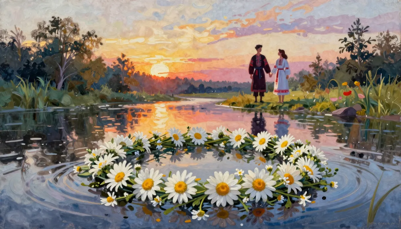 Vibrant watercolor style. A daisy wreath floating on a calm ...