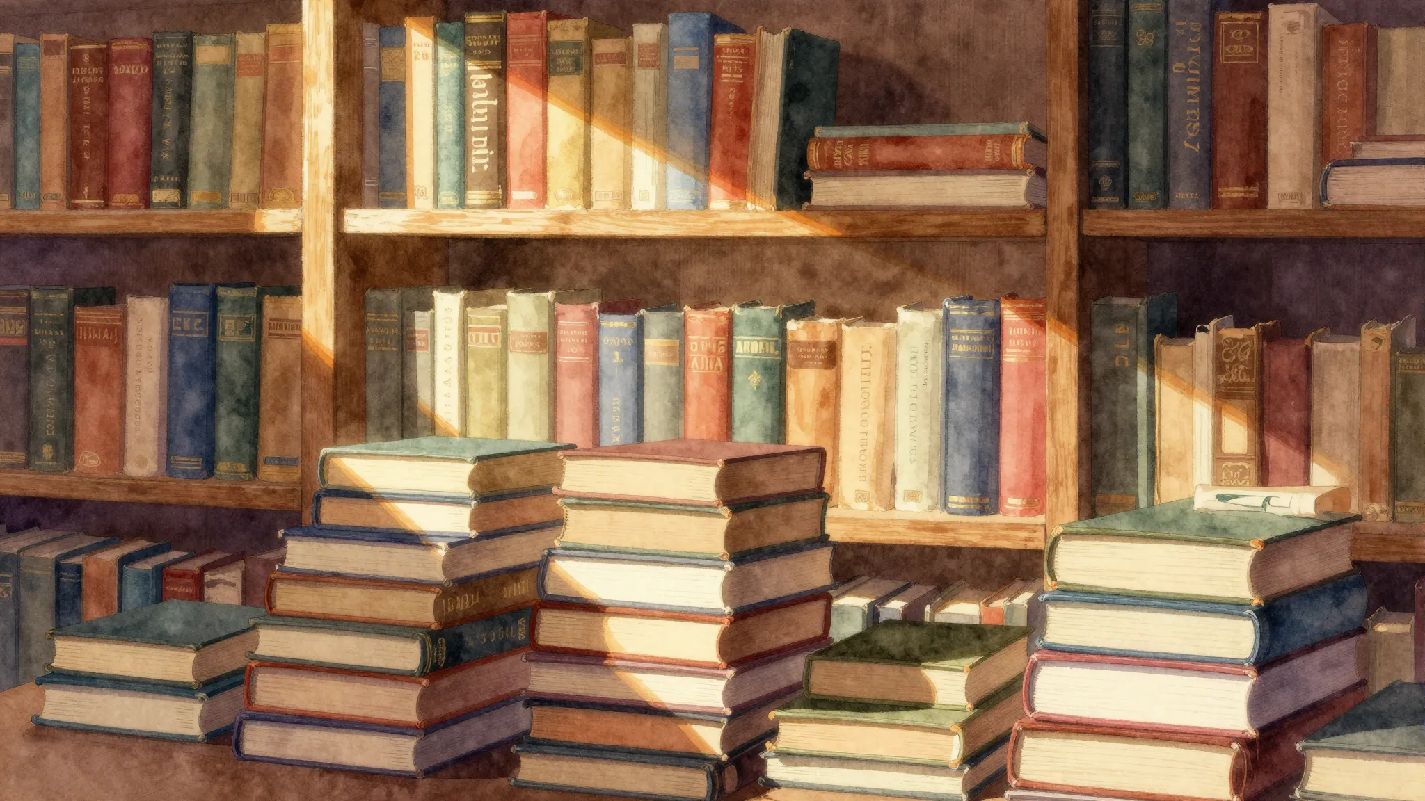 Vibrant watercolor style. A cozy library interior with sunbe...