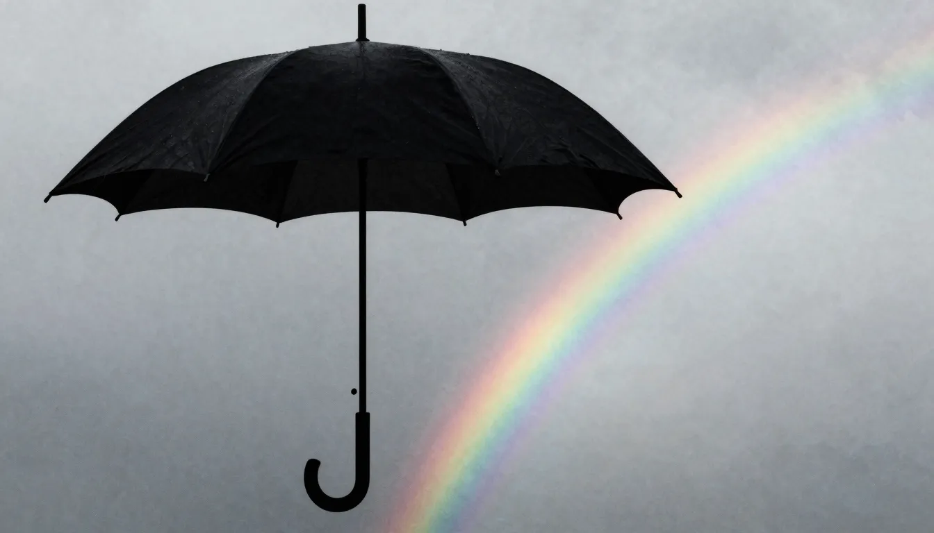 Watercolor style. A black umbrella silhouette against a grey...