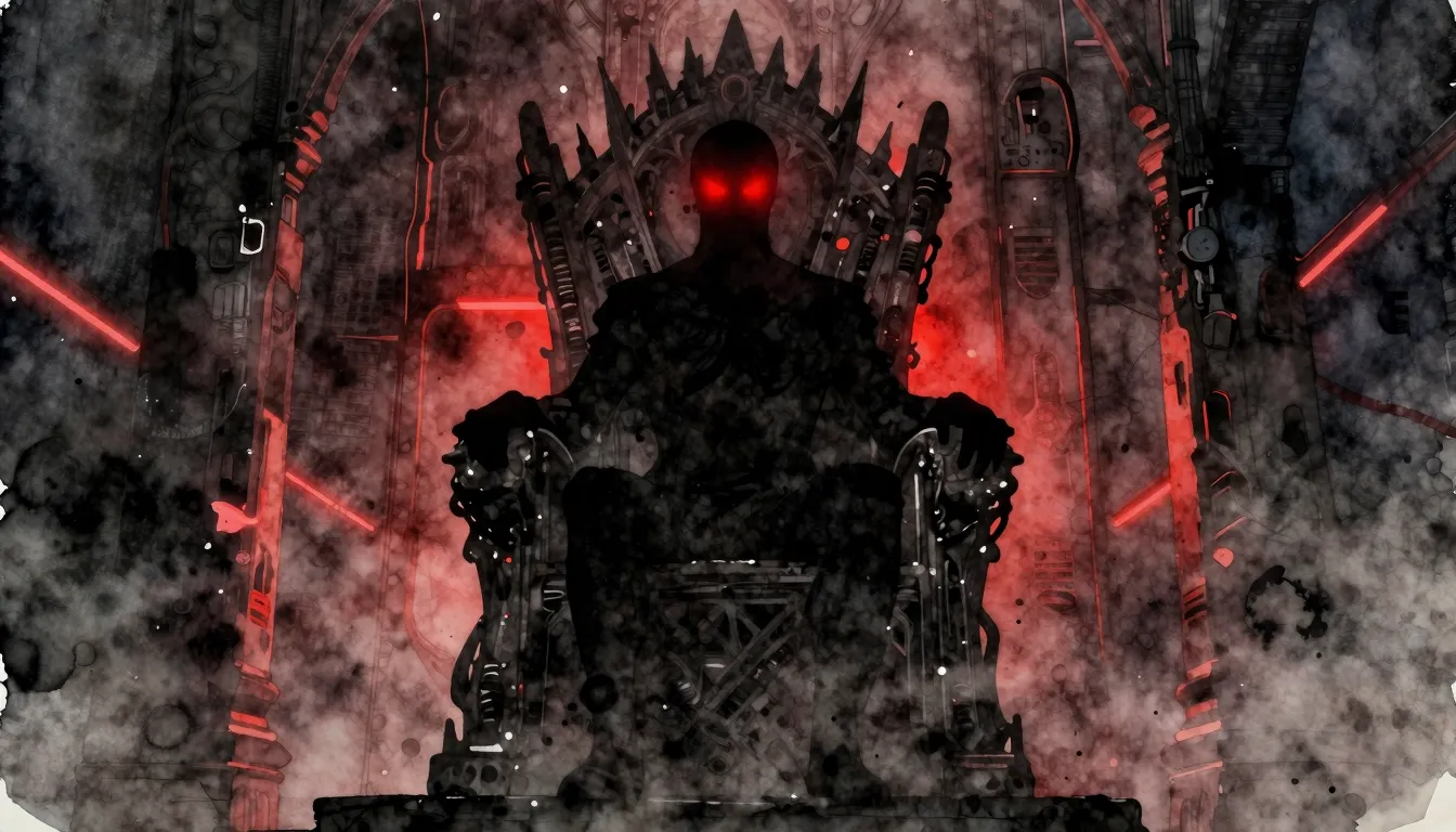 Watercolor style. Dark silhouette sitting on a tall throne i...