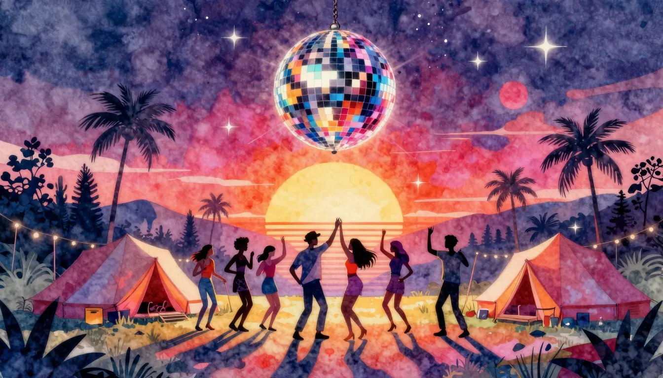 Vibrant watercolor style. Disco style album cover, vibrant r...