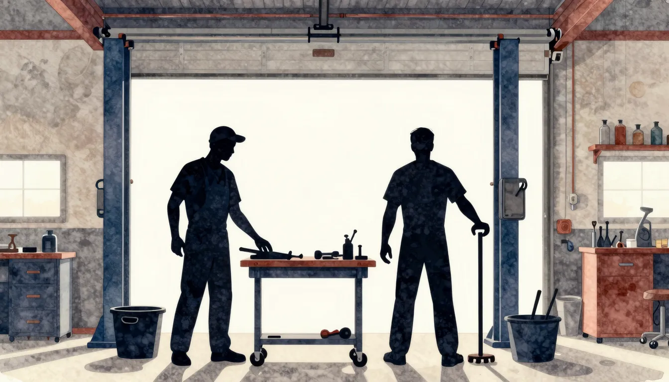 Watercolor style. Silhouette of two men working in a garage ...