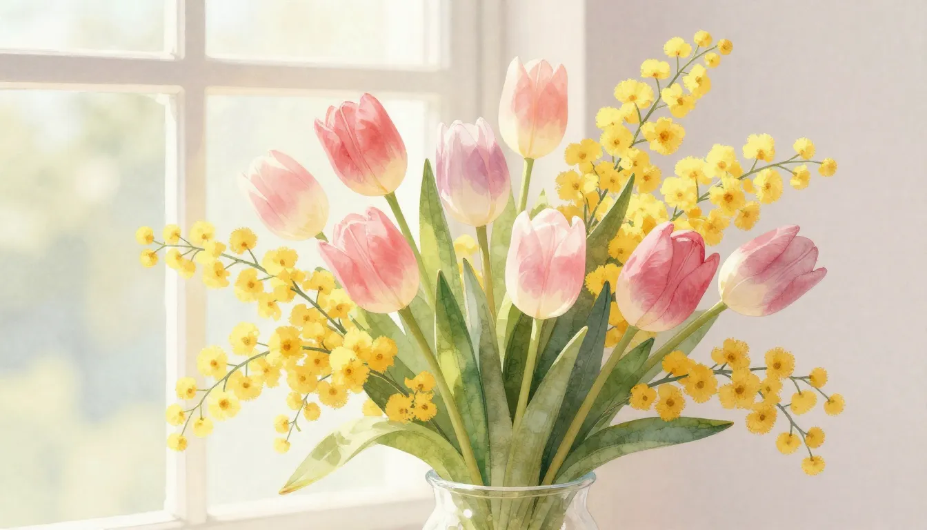 Watercolor style. Spring flowers bouquet, tulips and mimosas...