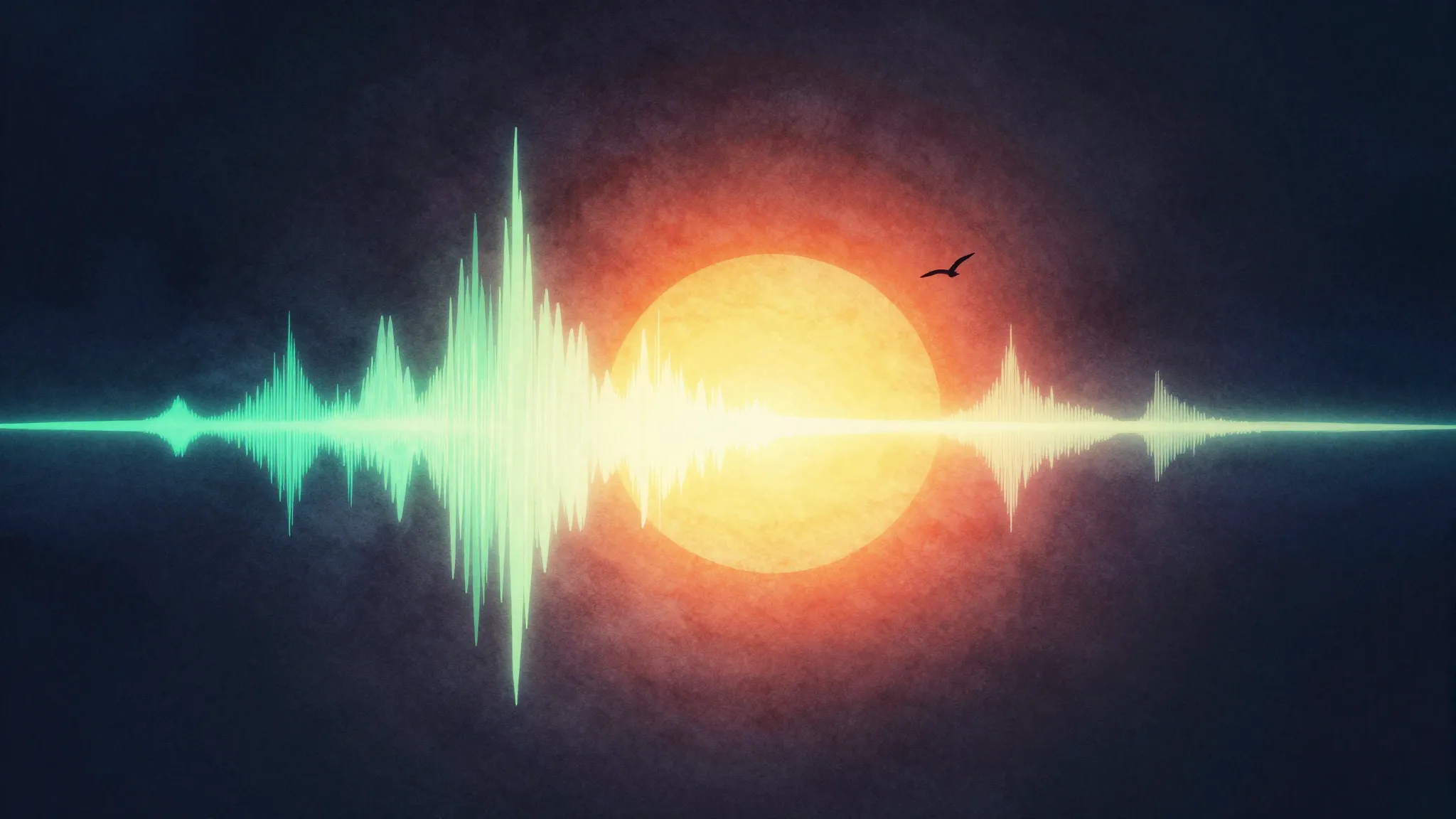 Watercolor style. Abstract digital art, glowing soundwaves b...