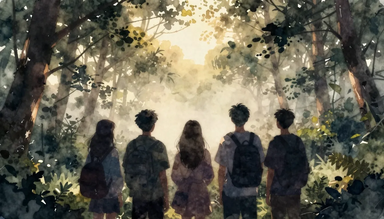Watercolor style. Silhouettes of friends standing shoulder t...