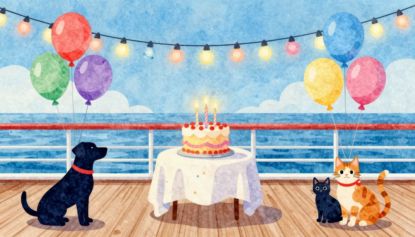 Watercolor style. A bright birthday party scene on a ship de...