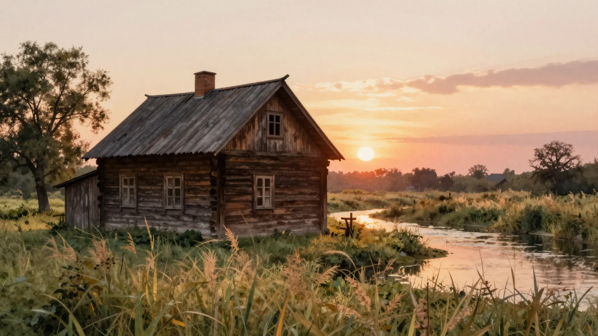 Watercolor style. Silhouette of an old wooden house near a s...