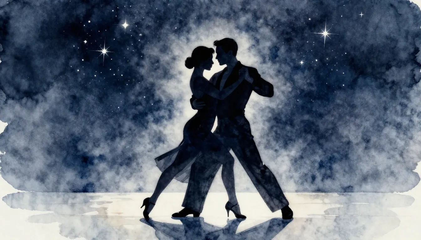 Watercolor style. A silhouette of a couple dancing tango on ...