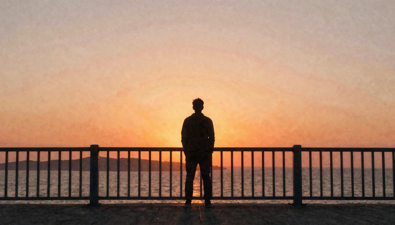 Watercolor style. A silhouette of a person standing on a bri...