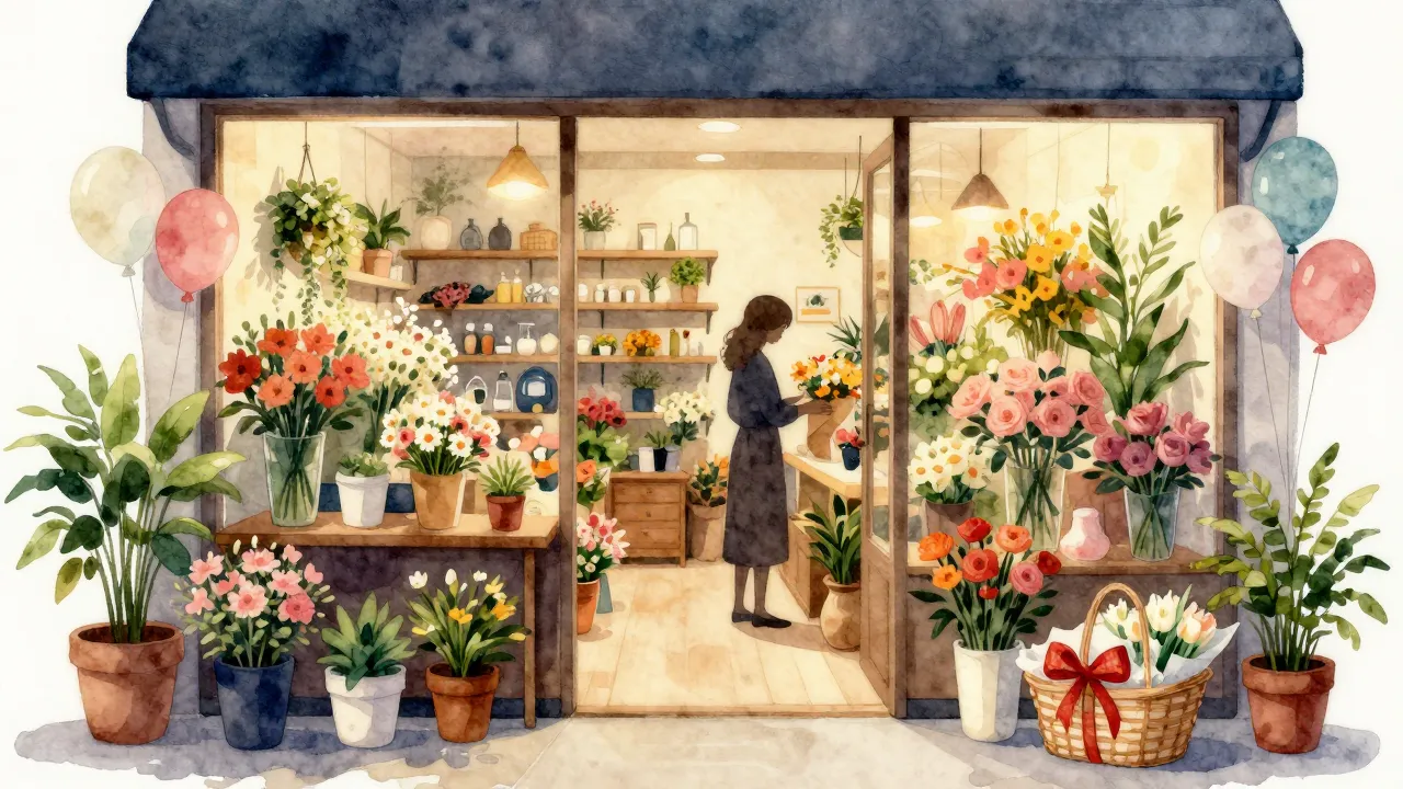 Watercolor style. A cozy flower shop interior with various b...
