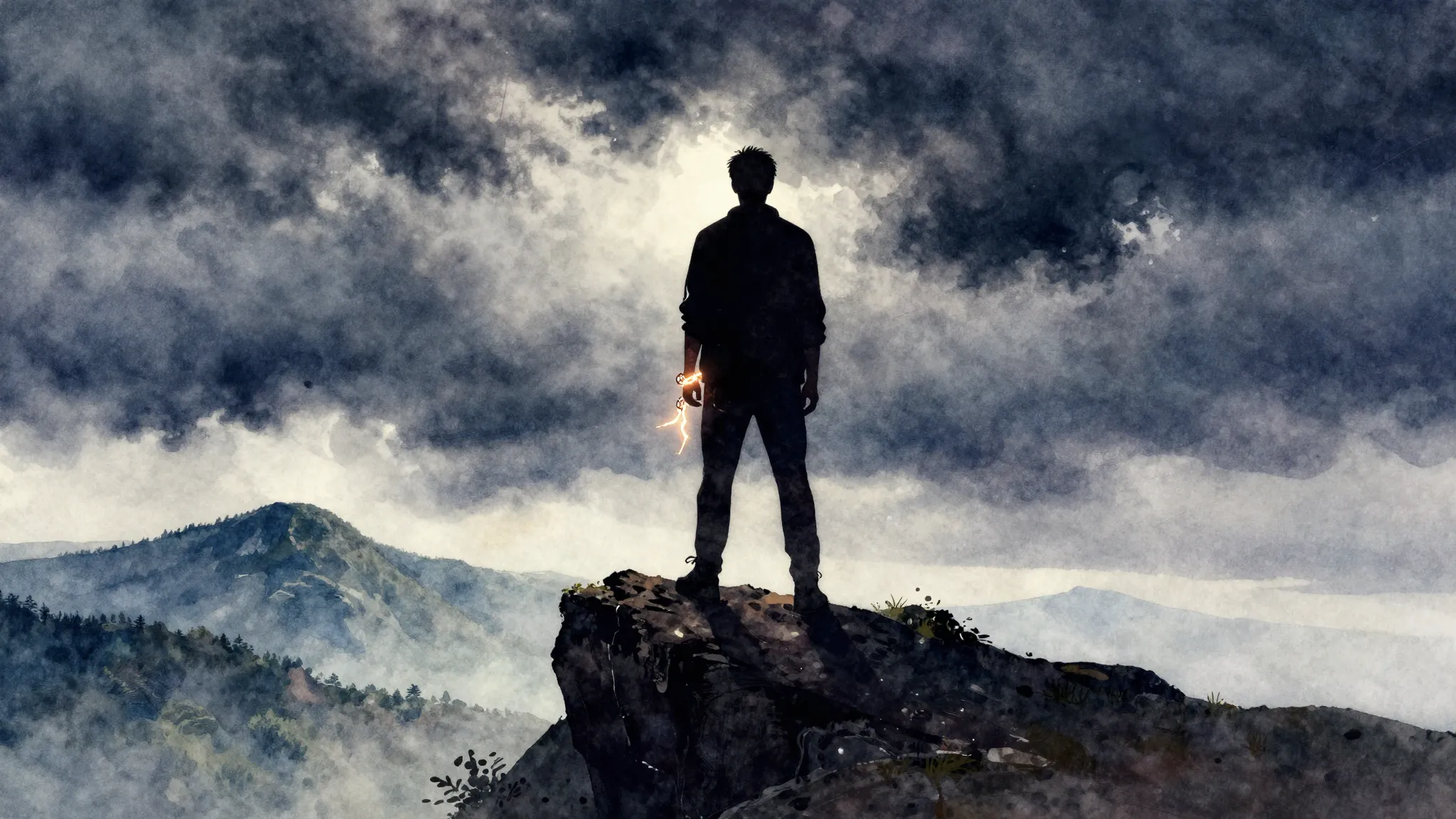 Vibrant watercolor style. Rock album cover, a dark silhouett...