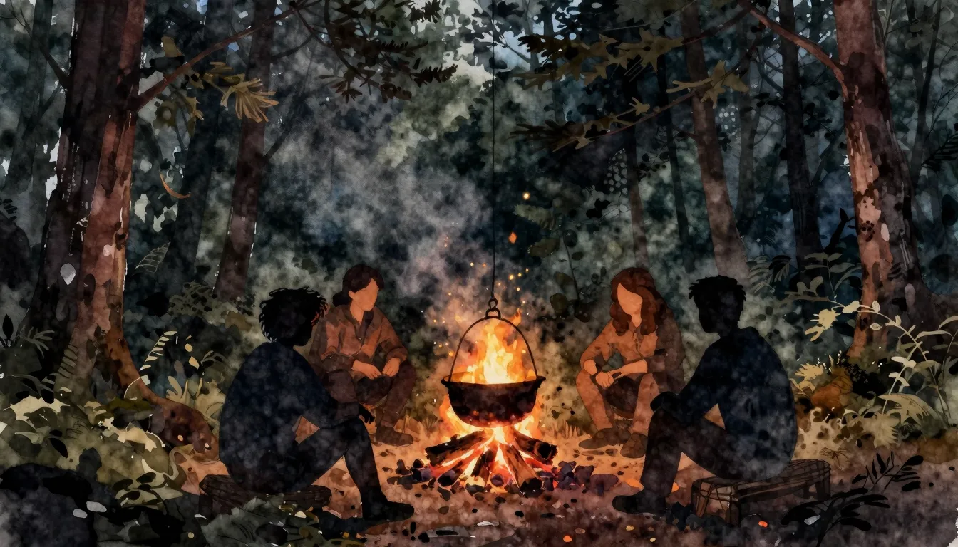 Watercolor style. Silhouettes of people sitting around a cam...