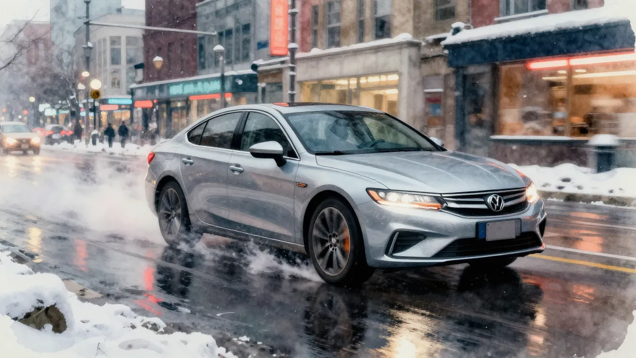 Watercolor style. A sleek silver sedan drifting on a snowy c...