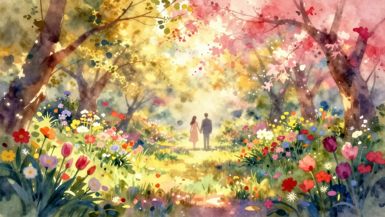 Vibrant watercolor style. A romantic, dreamy landscape of a ...