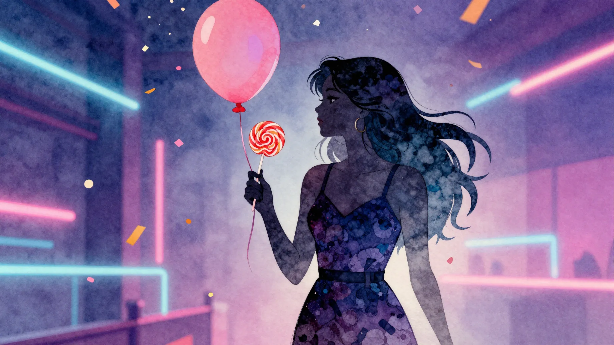 Watercolor style. A silhouette of a woman holding a balloon ...