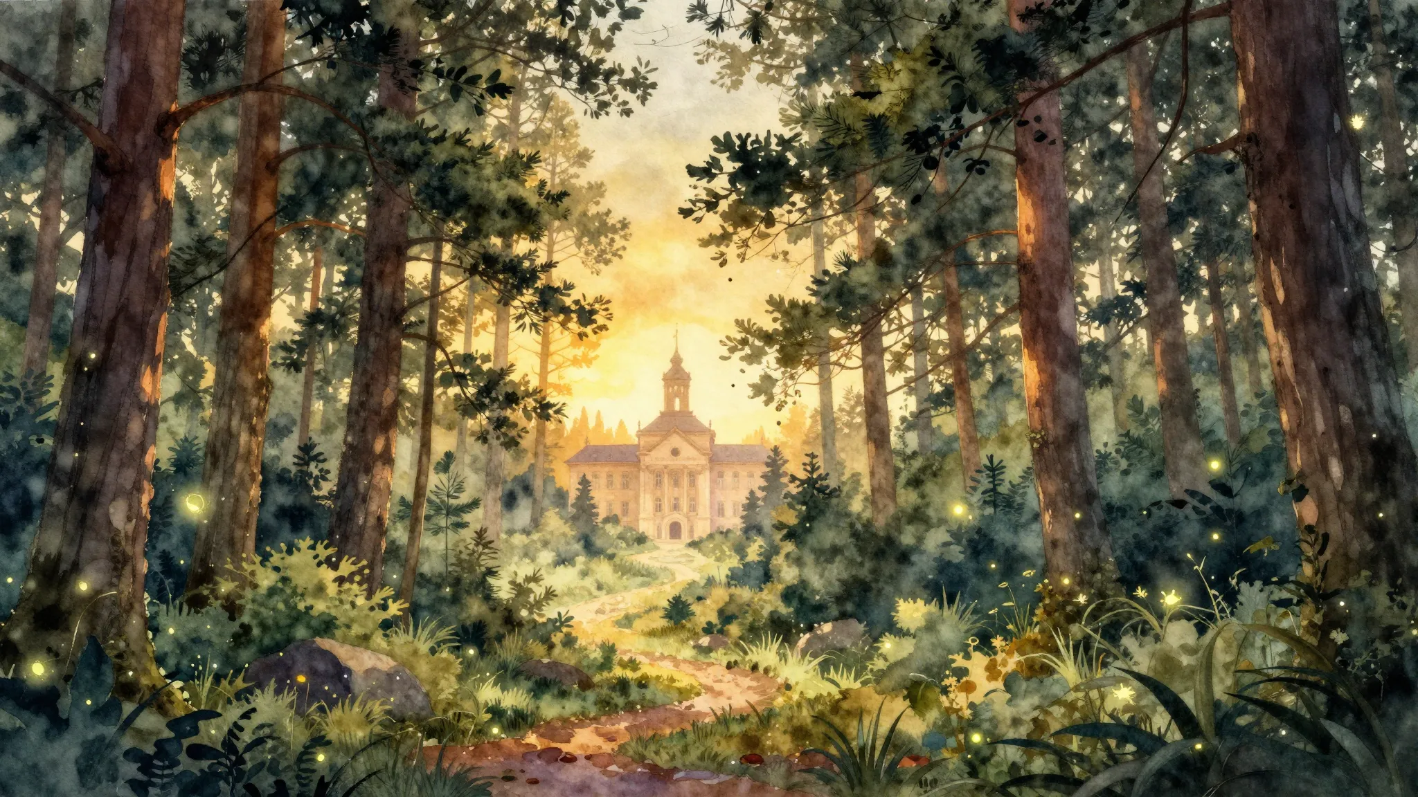 Watercolor style. A magical dense forest with tall ancient p...
