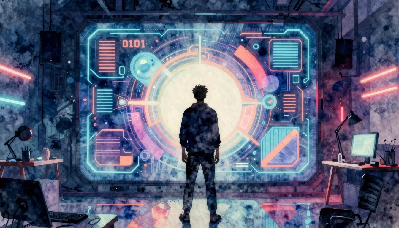 Watercolor style. Silhouette of a creator standing before a ...