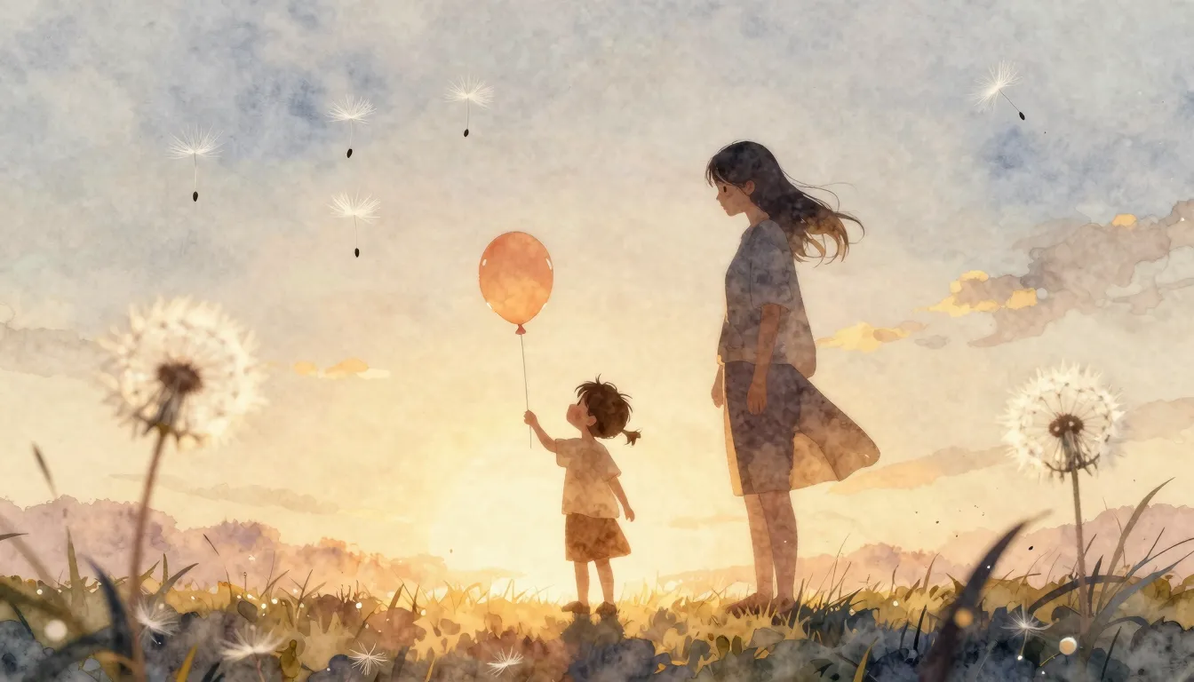 Watercolor style. A warm glowing silhouette of a small child...