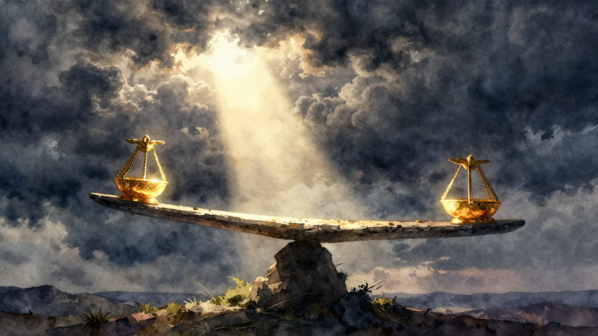 Watercolor style. A glowing golden scale balancing in the sk...