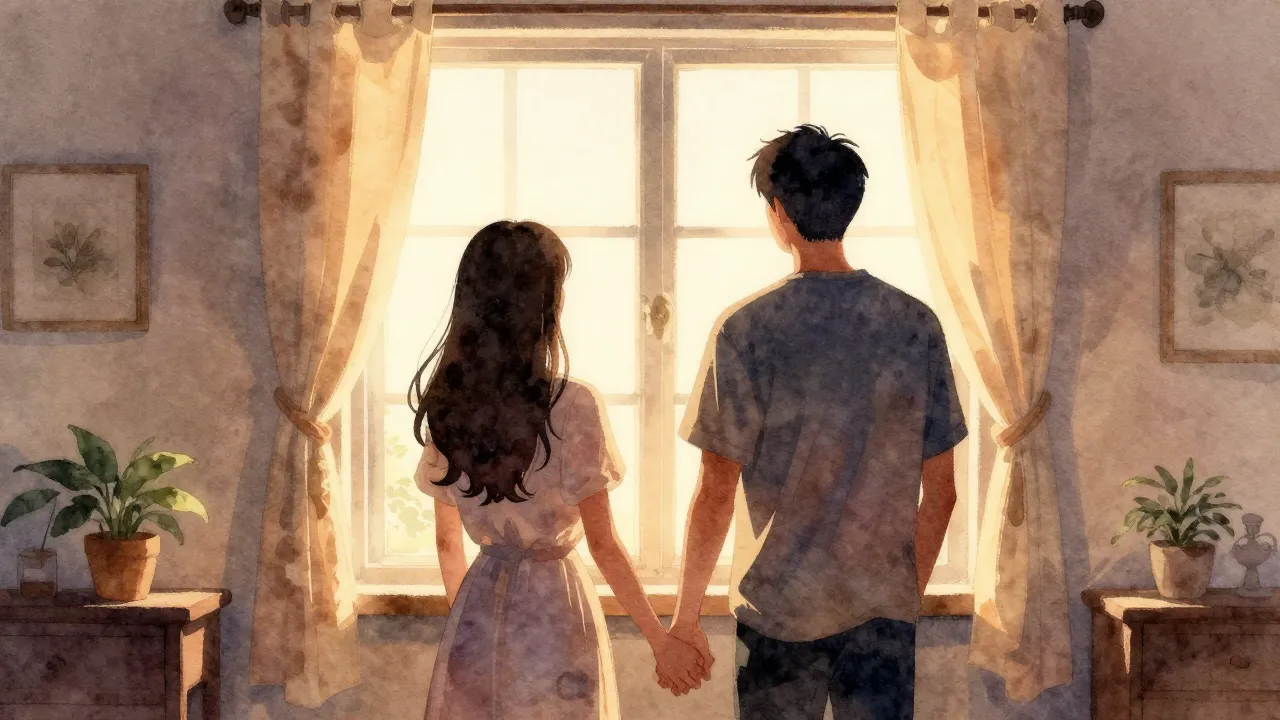 Watercolor style. A warm cozy room with two silhouettes hold...