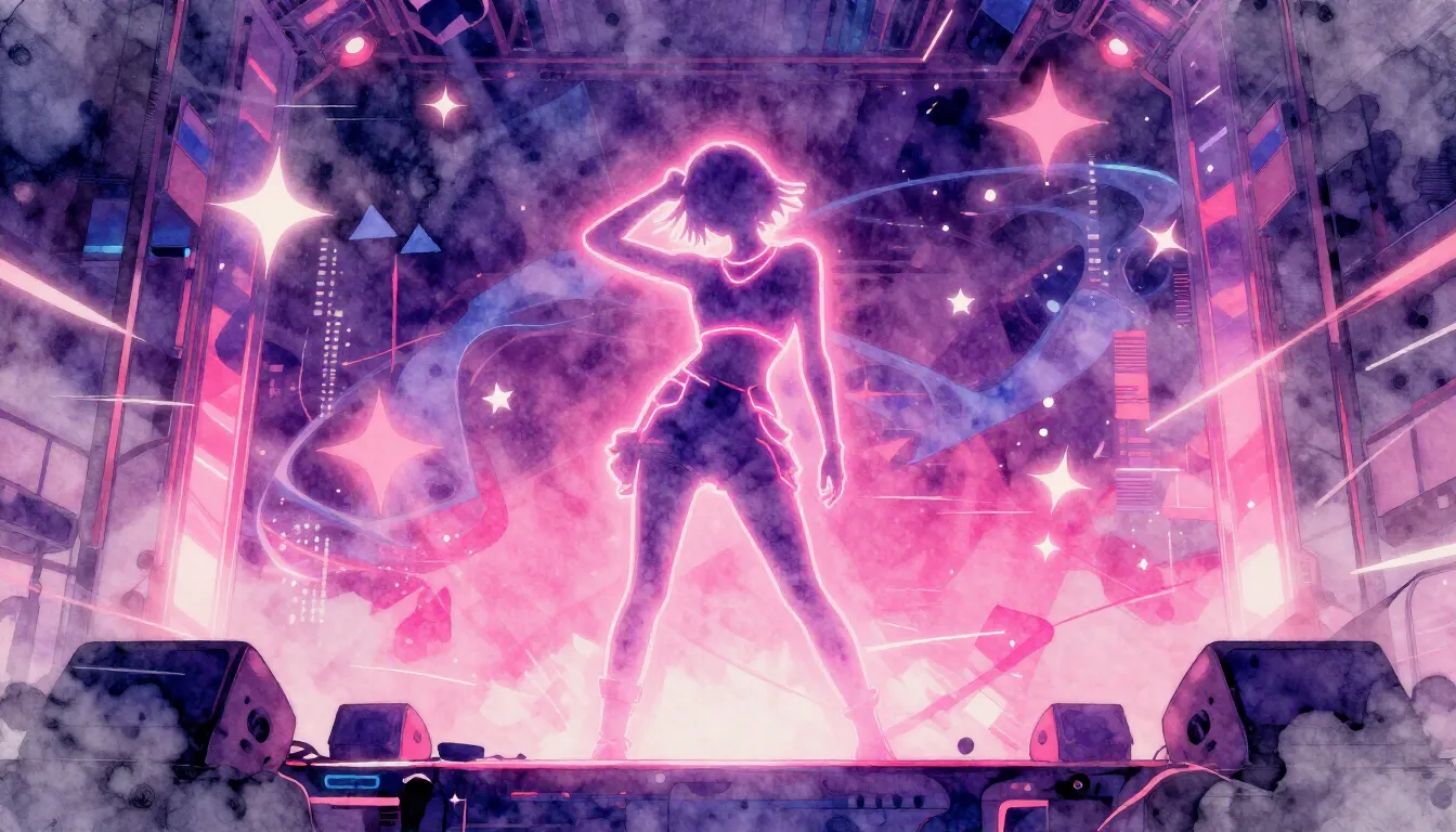 Vibrant watercolor style. Cyberpunk electronic music cover, ...